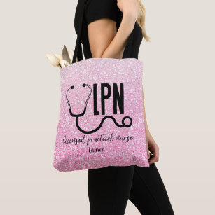  Personalized LPN Nurse  Pink Glitter Tote Bag