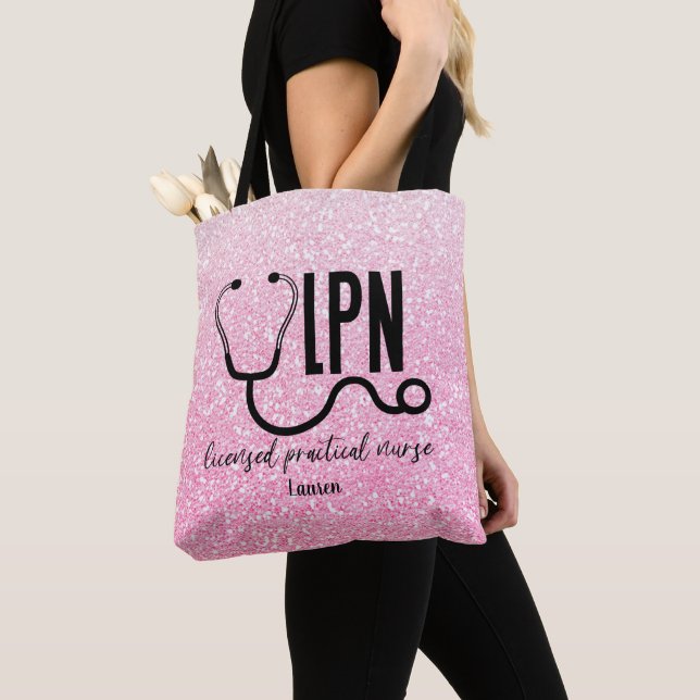  Personalized LPN Nurse  Pink Glitter Tote Bag (Close Up)