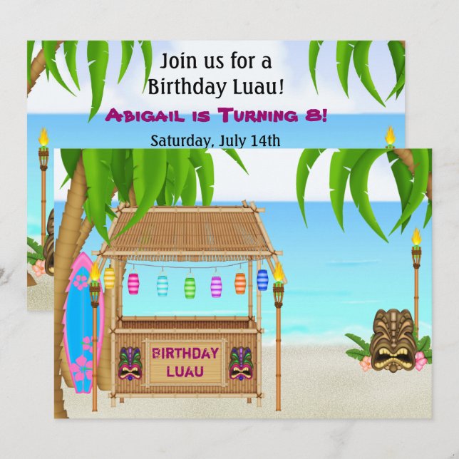 Personalized Luau Girls Beach Birthday Invitation (Front/Back)