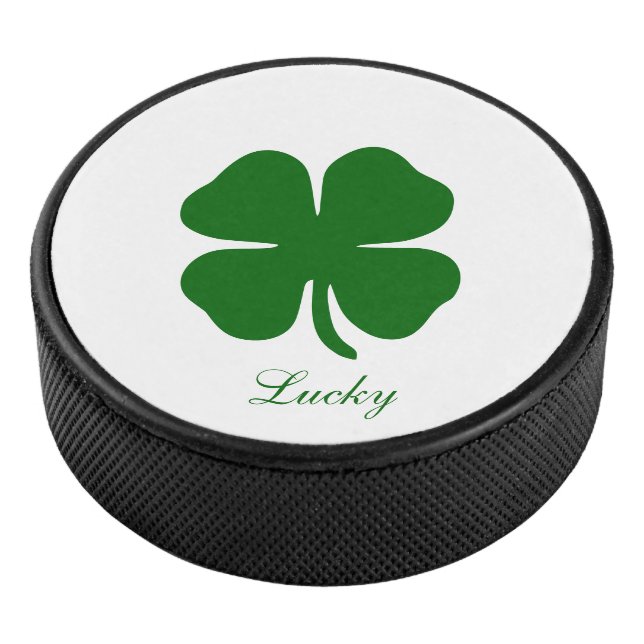 Personalized Lucky Green Clover Hockey Puck (3/4)