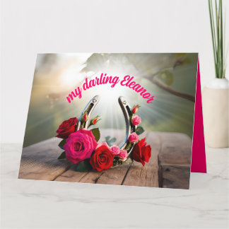 Personalized Lucky Horseshoe and Roses Love Card
