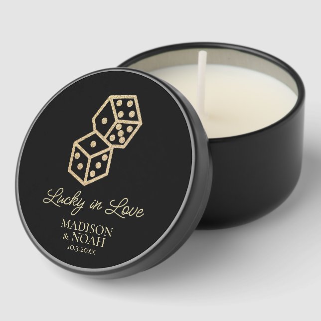 Personalized Lucky in Love Black & Gold Wedding Mini Candle Favors (Corner)