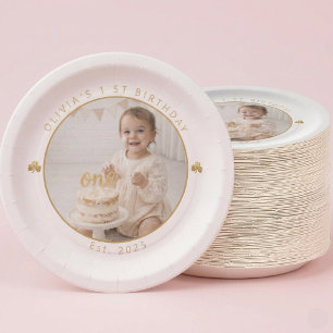 Personalized Lucky One First Birthday Girl Photo Paper Plates