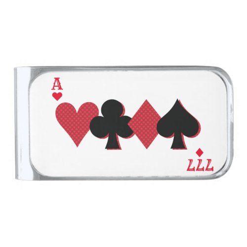 Personalized Lucky Poker Playing Cards Suit Silver Finish Money Clip