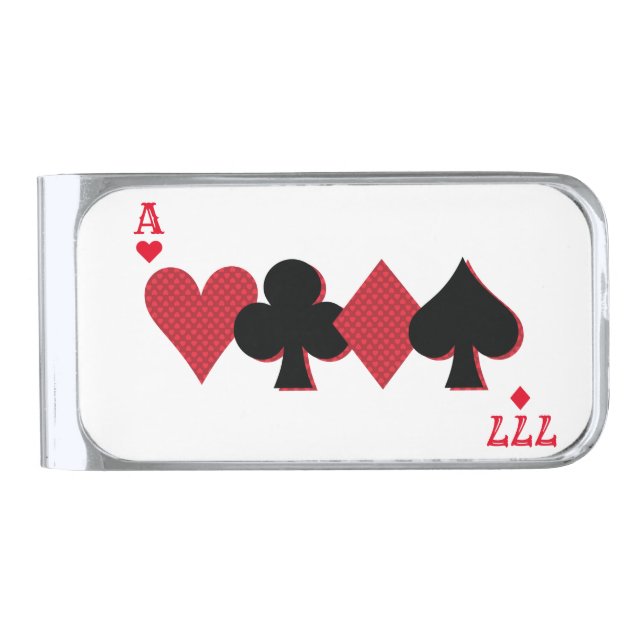 Personalized Lucky Poker Playing Cards Suit Silver Finish Money Clip (Front)