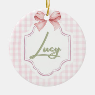 Personalized Lucy Baby Girl Nursery Bow&Gingham Ceramic Ornament