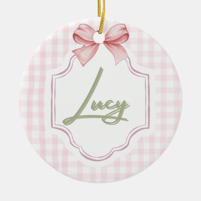 Personalized Lucy Baby Girl Nursery Bow&Gingham Ceramic Ornament (Front)