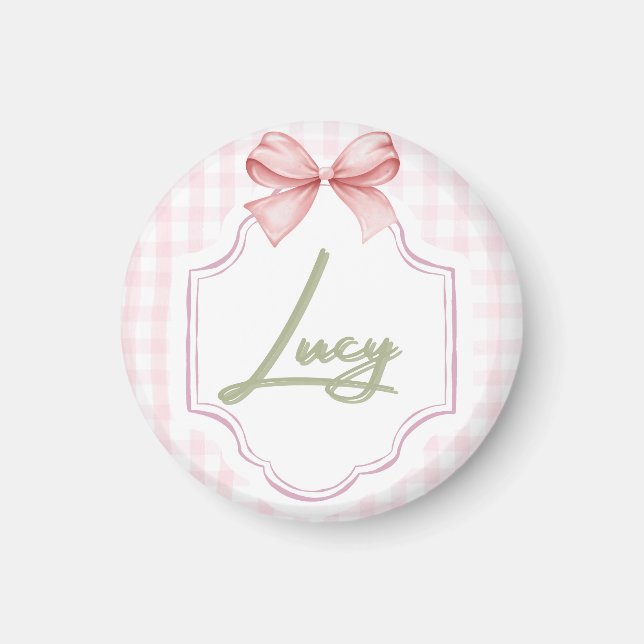 Personalized Lucy Baby Girl Nursery Bow&Gingham Magnet (Front)