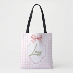 Personalized Lucy Baby Girl Nursery Bow&Gingham Tote Bag