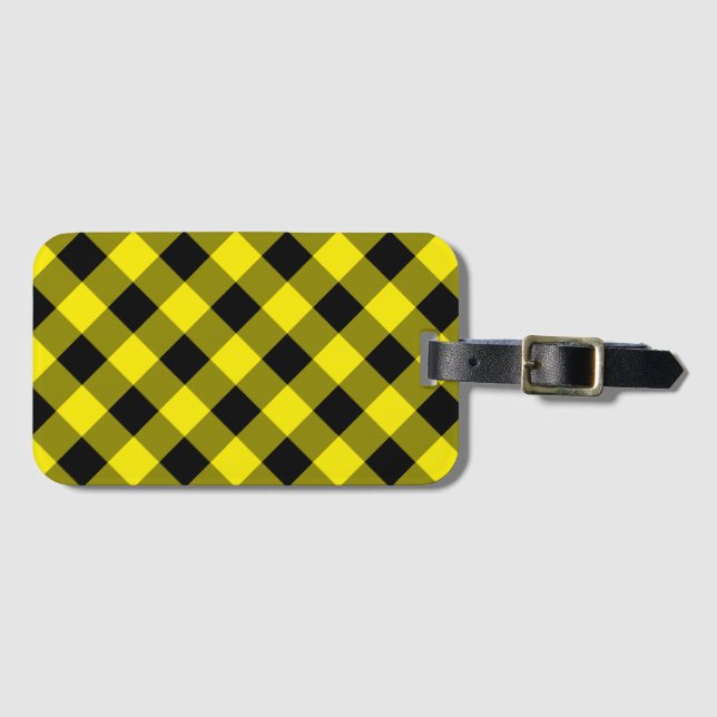 Personalized Luggage Tag Black and Yellow Checked (Front Horizontal)