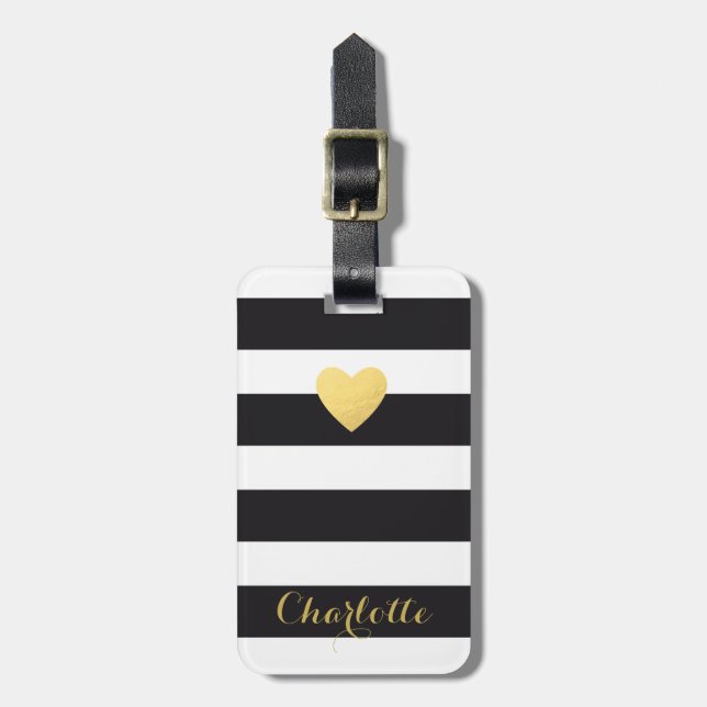 Personalized Luggage tag striped gold heart (Front Vertical)