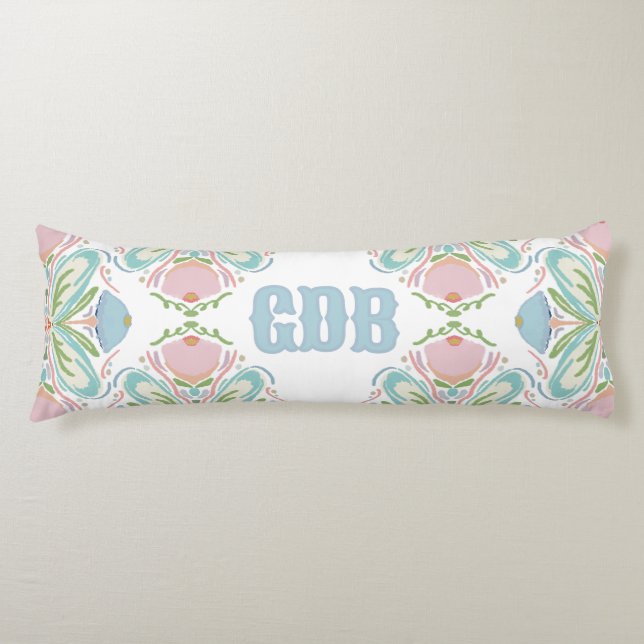 Personalized Lumbar Pillow Blue Pink Green Floral (Front)
