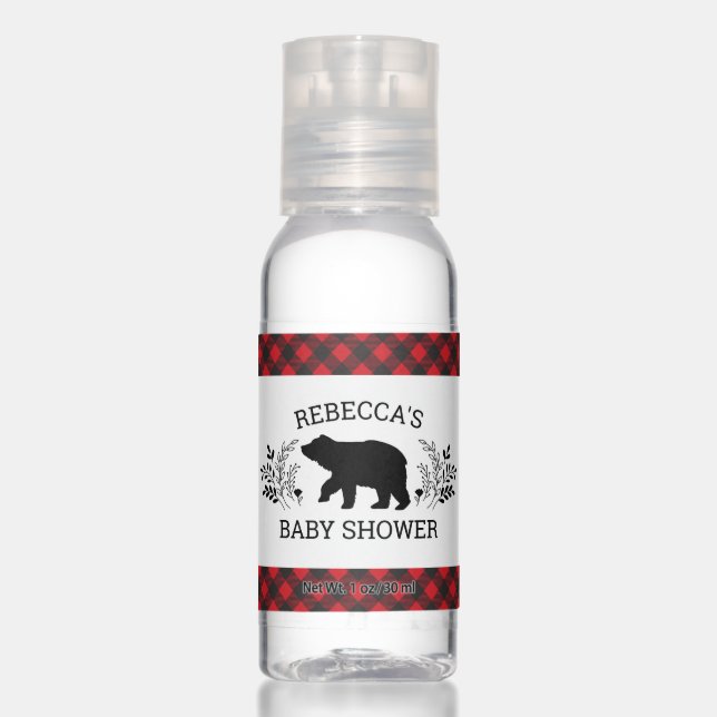 Personalized Lumberjack Bear Baby Shower Hand Sanitizer (Front)
