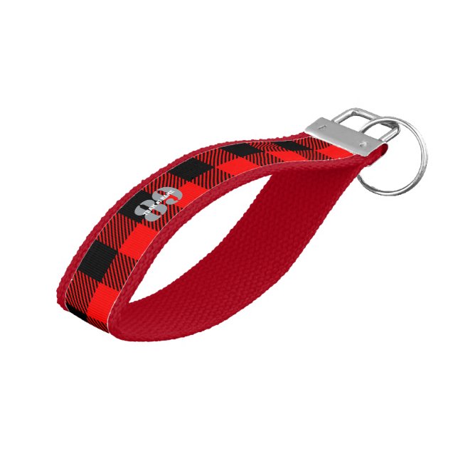 Personalized Lumberjack Buffalo Check Design on a Wrist Keychain (Angled Up)