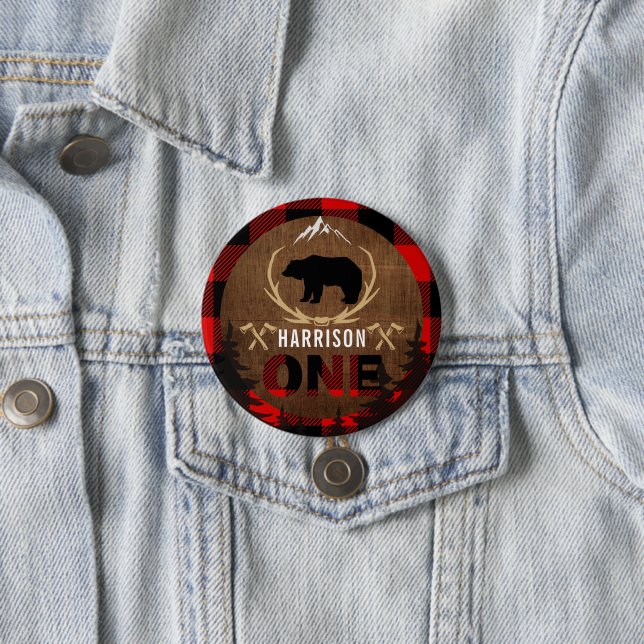 Personalized Lumberjack First Birthday Wood Plaid Button (In Situ)