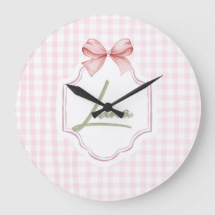 Personalized Luna Baby Girl Nursery Bow & Gingham Large Clock