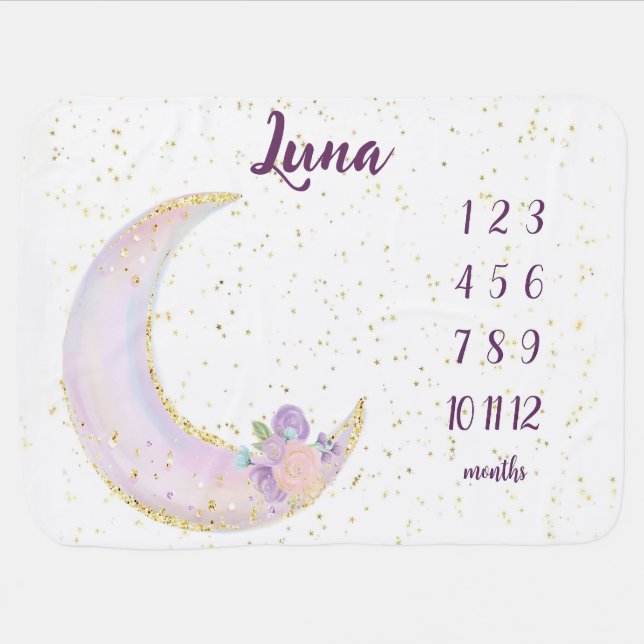 Personalized Luna Moon And Stars Monthly Milestone Baby Blanket (Horizontal)