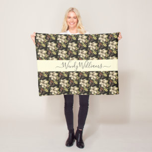 Personalized Lush Painted Magnolia Blooms Pattern Fleece Blanket