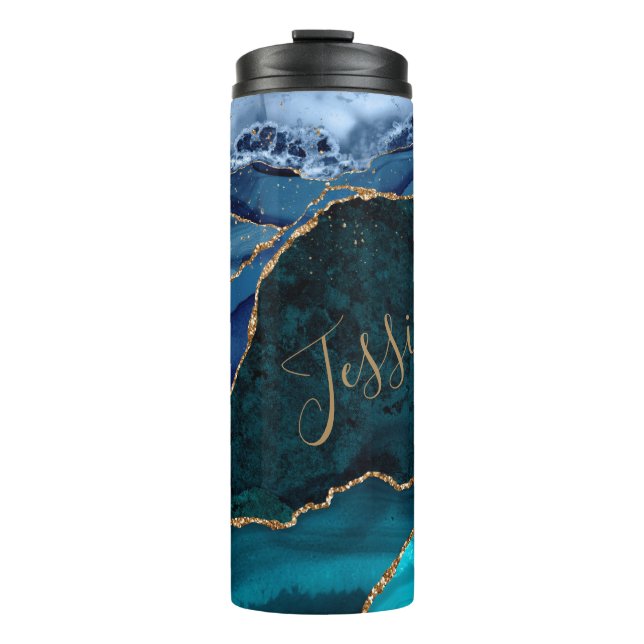 Personalized Lux Peacock Agate & Gold   Thermal Tumbler (Front)