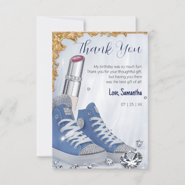 Personalized Luxurious Birthday Sneaker Ball Party Thank You Card (Front)