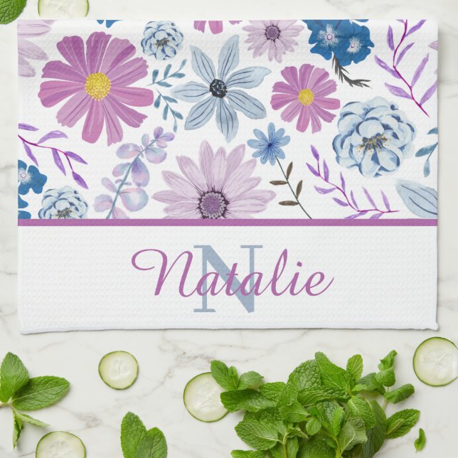 Personalized luxurious bright blue pink flower kitchen towel (Folded)