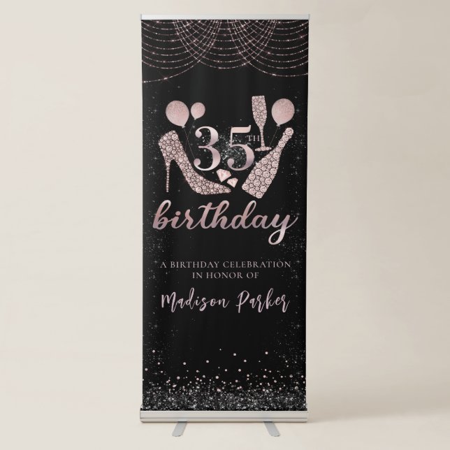 Personalized Luxury 35th Birthday Rose Gold Black Retractable Banner (Front)