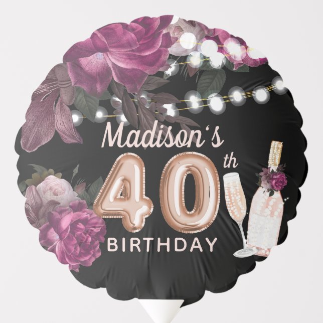 Personalized Luxury 40th Birthday Black Wine Balloon (Front)