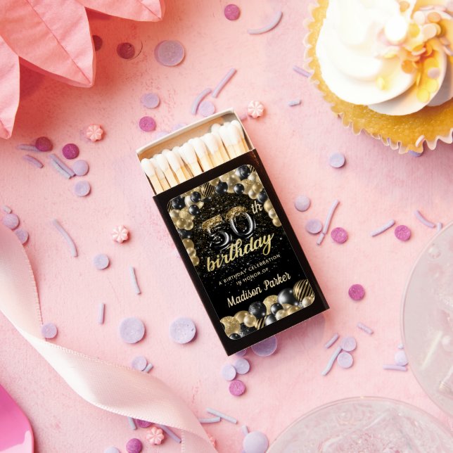 Personalized Luxury 50th Birthday Black Gold Matchboxes (Insitu)
