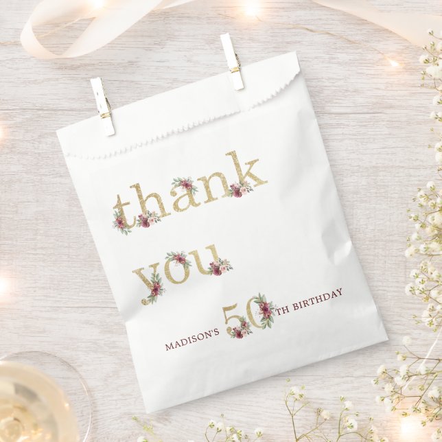 Personalized Luxury 50th Birthday Gold Floral Favor Bag (Clipped)