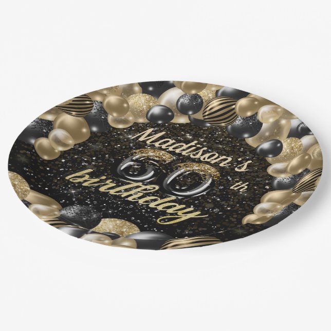 Personalized Luxury 60th Birthday Balloon Paper Pl Plates (Angled)