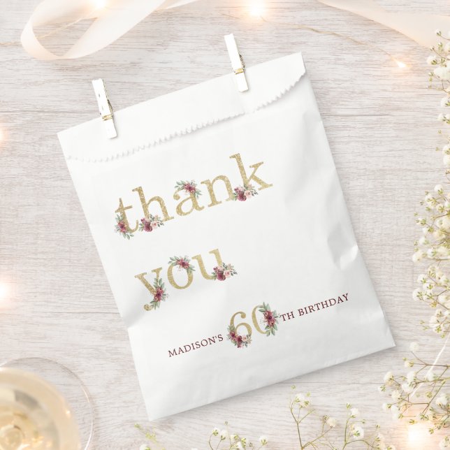 Personalized Luxury 60th Birthday Gold Floral Favor Bag (Clipped)