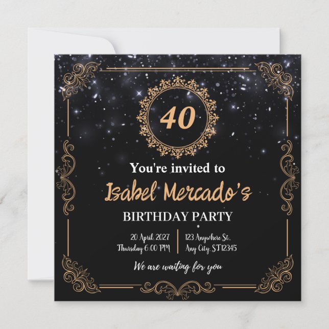 Personalized Luxury Black Gold Birthday Invitation (Front)