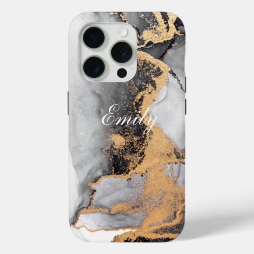 Personalized Luxury Black   Gold Watercolor  iPhone 15 Pro Case