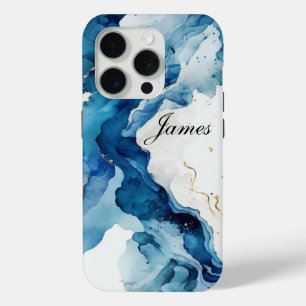Personalized Luxury Blue,white & Gold Watercolor iPhone 15 Pro Case