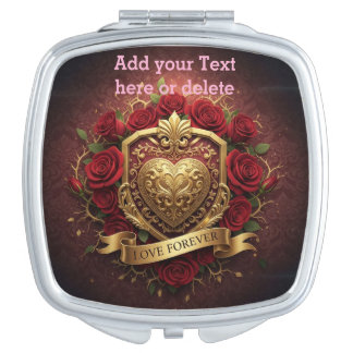 Personalized Luxury Gold Heart Roses Compact Mirror