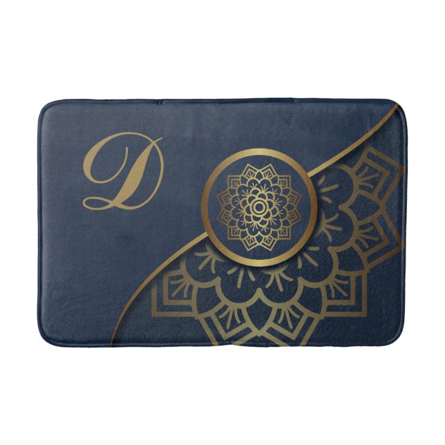 Personalized Luxury Gold Mandala Art Blue Bath Mat (Front)