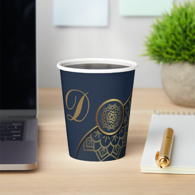 Personalized Luxury Gold Mandala Art Blue Paper Cups (Insitu)