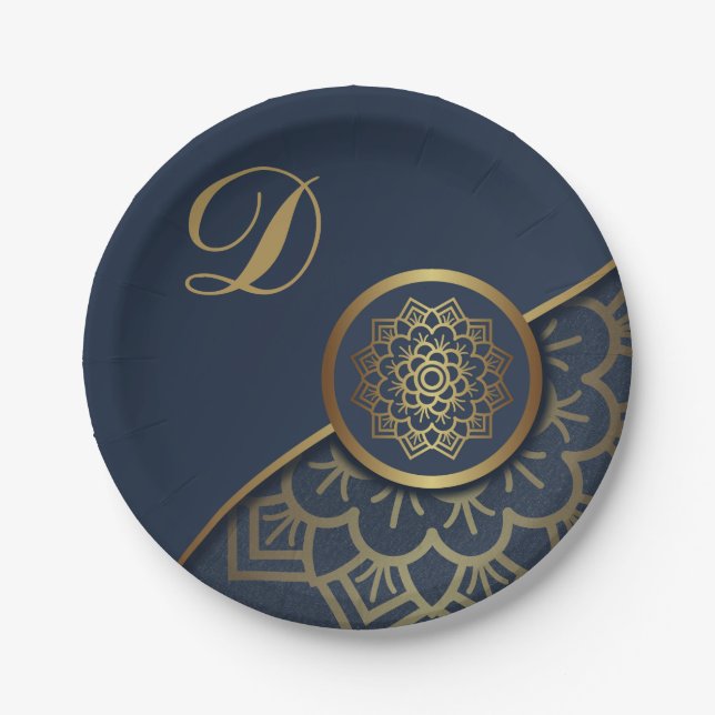 Personalized Luxury Gold Mandala Art Blue Paper Plates (Front)
