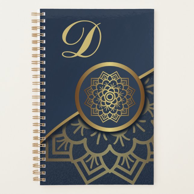 Personalized Luxury Gold Mandala Art Blue Planner (Front)