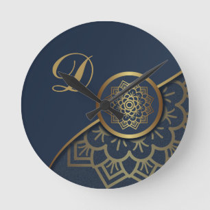 Personalized Luxury Gold Mandala Art Blue Round Clock