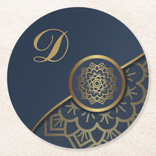 Personalized Luxury Gold Mandala Art Blue Round Paper Coaster