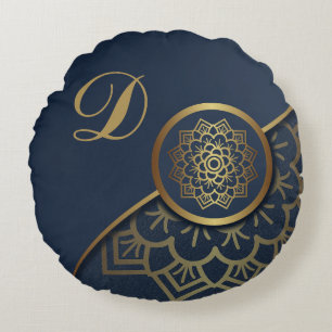 Personalized Luxury Gold Mandala Art Blue Round Pillow