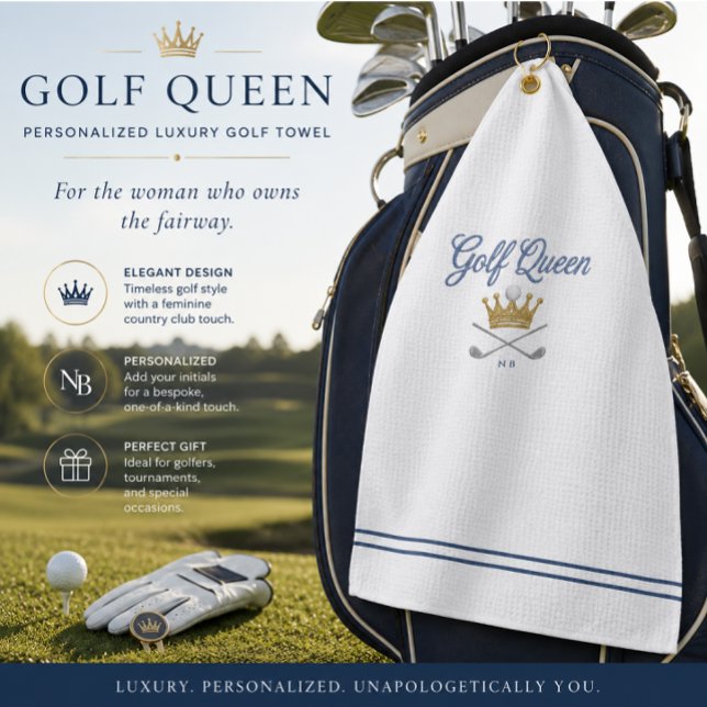 Personalized Luxury Golf Towel GOLF QUEEN (Luxury personalized golf towel with elegant country club styling for stylish women golfers.)