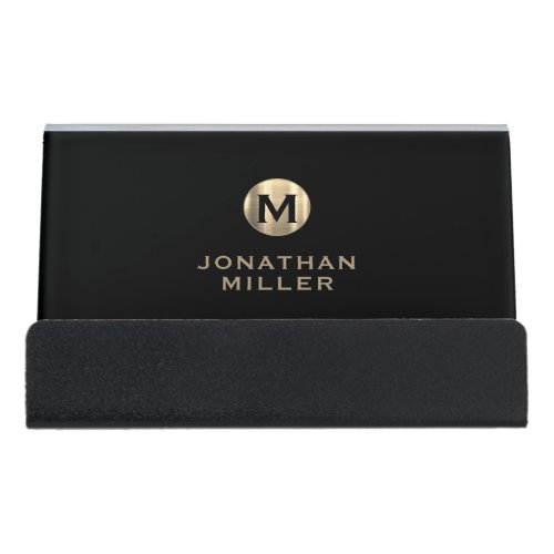 Personalized Luxury Monogram Black Gold Desk Business Card Holder