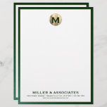 Personalized Luxury Monogram Business Letterhead<br><div class="desc">Elevate your professional image with this elegant personalized business letterhead featuring a brushed gold monogram medallion initial and classic block typography on a white background. The green leather trim adds a touch of sophistication to your correspondence. Customize the company name and contact information to make a lasting impression on clients...</div>