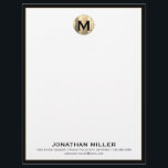 Personalized Luxury Monogram Letterhead<br><div class="desc">Impress your clients with this Personalized Luxury Monogram Letterhead. This elegant design features a brushed gold monogram medallion at the top,  with your name and contact information at the bottom on solid white,  framed in black. Perfect for any professional or personal correspondence.</div>