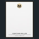 Personalized Luxury Monogram Letterhead<br><div class="desc">Impress your clients with this Personalized Luxury Monogram Letterhead. This elegant design features a brushed gold monogram medallion at the top,  with your name and contact information at the bottom on solid white,  framed in black. Perfect for any professional or personal correspondence.</div>