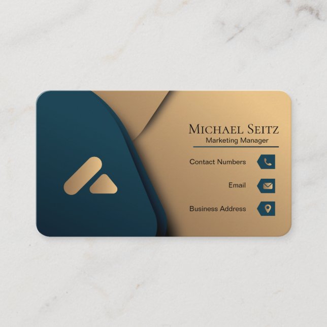 Personalized Luxury Teal Blue and Gold  Business Card (Front)