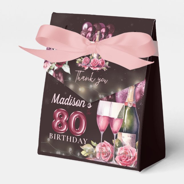 Personalized Luxury Wine & Balloons 80th Birthday Favor Boxes (Front Side)