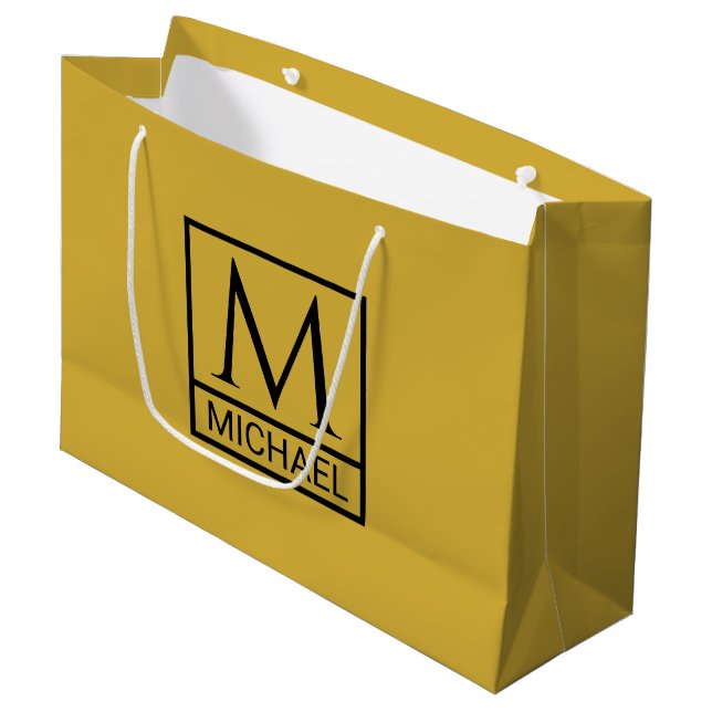 Personalized M Gold Gift Bag with Initial & Name (Front Angled)